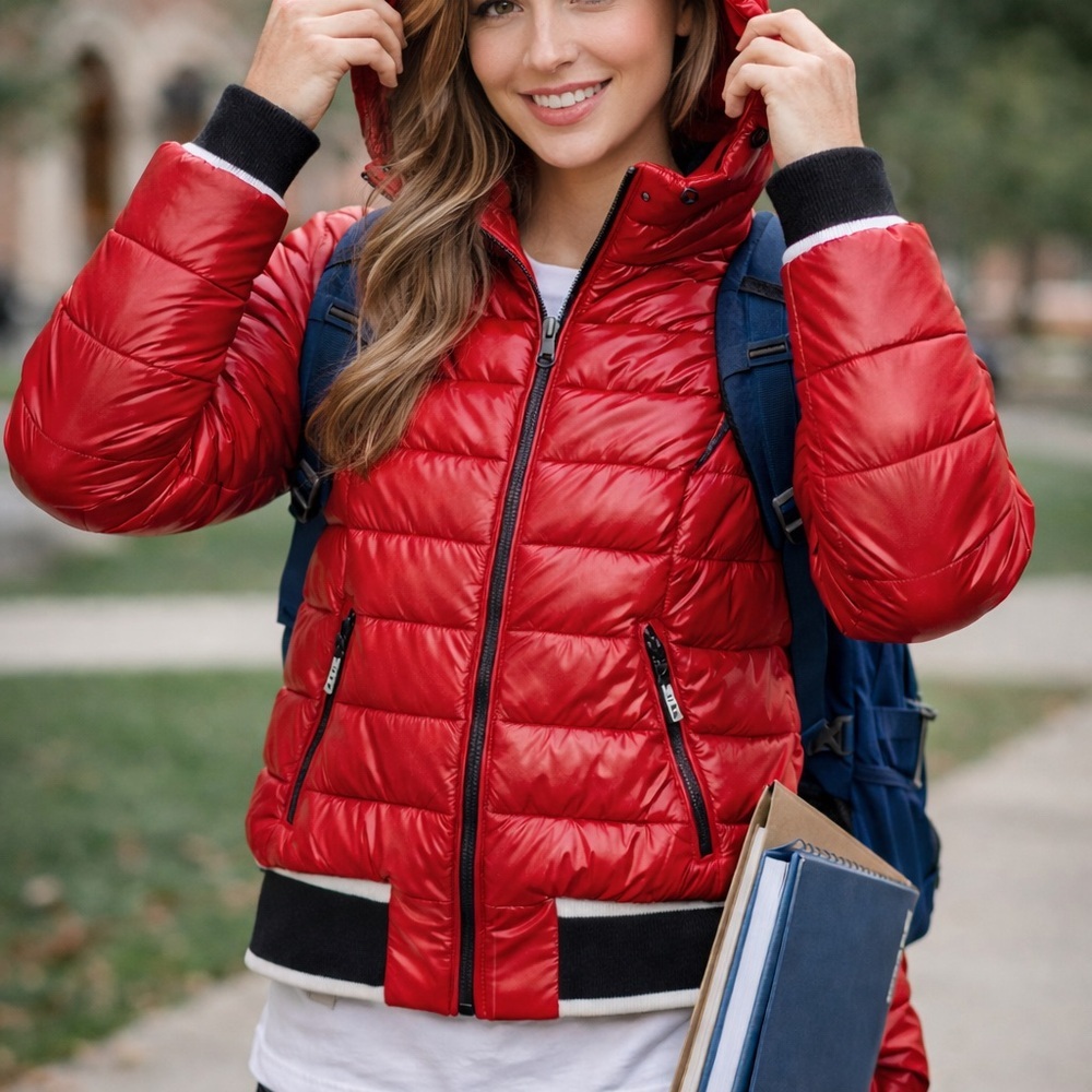 NEW GUESS Red black & white trim Puffer Jacket Hood sz. Medium *Warm*Trendy